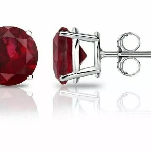 4 CT LAB CREATED RED RUBY STUD EARRINGS 14K WHITE GOLD ROUND CUT 7MM PUSH BACK - Picture 3 of 7